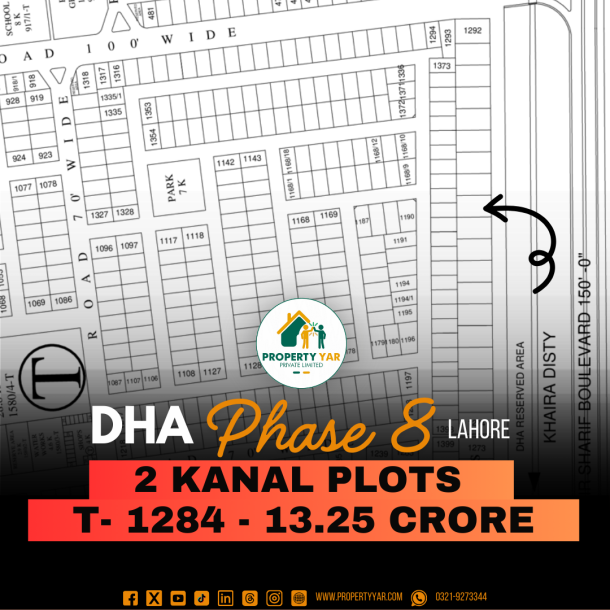 Best Price 2 Kanal Plot (T- 1284) Demand 13.25 Crore on 30 Feet Road Near To Park And Commercial Area Available For Sale In DHA Lahore Phase 8 Sector T-1