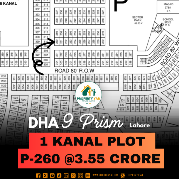 Corner Ideal Location Plot P- 260 On 50 Feet Wide Road Available For Sale In DHA Lahore Phase 9 Prism Block P-1