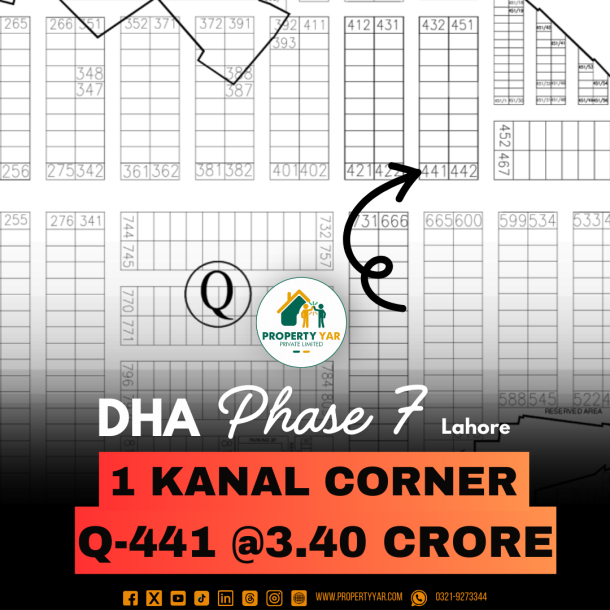 Corner 1 Kanal Plot For Q-441 Sale In DHA Lahore Phase 7 Block Q-1