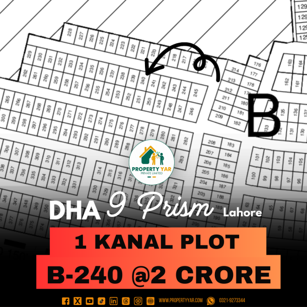 On 50 Feet Wide Road 1 Kanal Plot For Sale In DHA Lahore phase 9 Prism Block B-1