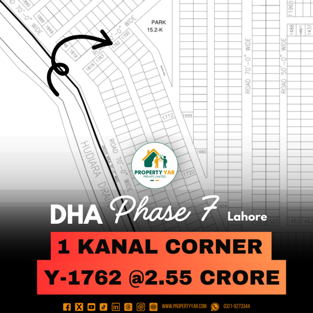 Corner 1 Kanal Plot On 70 Feet Road Available For Sale In DHA Lahore Phase 7 Block Y-1