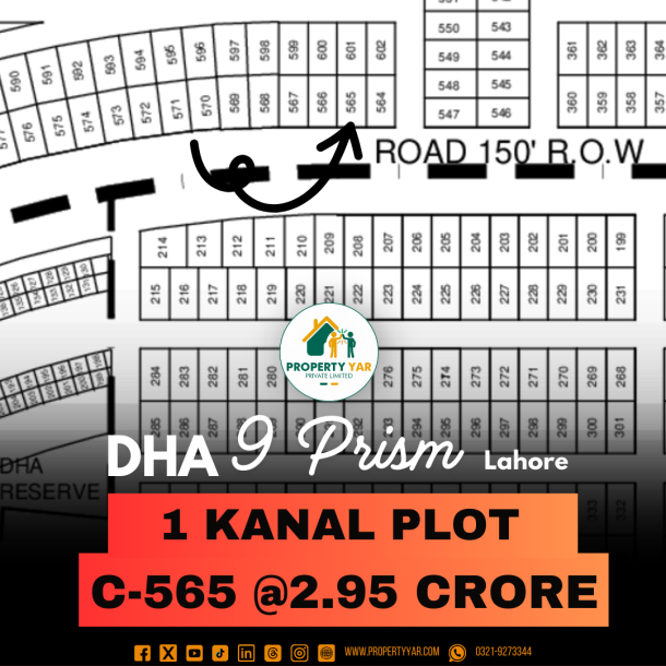 Next To Corner On 150 Feet Wide Road 1 Kanal Plot For Sale In DHA Lahore Phase 9 Prism Block C-1