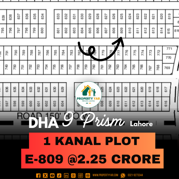 Ideal Location 1 Kanal Plot For Sale In DHA Lahore Phase 9 Prism Block E-1