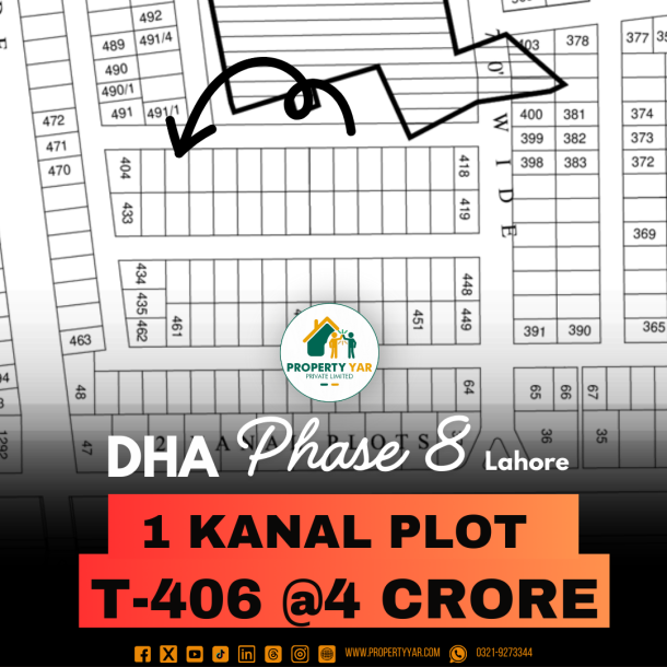 T-406 Lowest Cost 1 Kanal Plot For Sale In DHA Lahore Phase 8 Block T-1