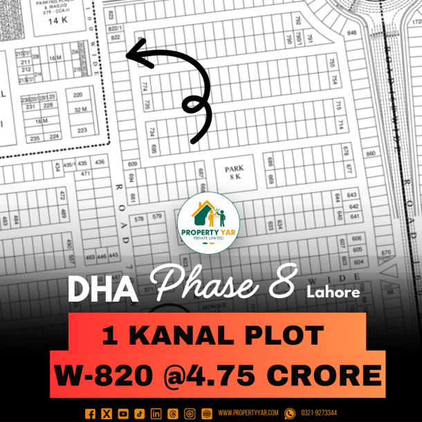 Top Location 1 Kanal Plot For Sale In DHA Lahore Phase 8 Block W-1