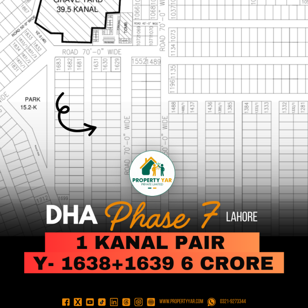 Ideal Location 1 Kanal Pair Plots (Y- 1638+1639) Demand 6 Crore Near To Park And Graveyard Area On 50 Feet Wide Road Available For Sale In DHA Lahore Phase 7 Block W-1