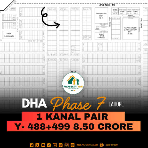 Best Price 1 Kanal Pairs Plots (Y-488+499) Demand 8.50 Crore on 50 Feet Wide Road Near To Mosque Available For Sale In DHA Lahore Phase 7 Block P-1