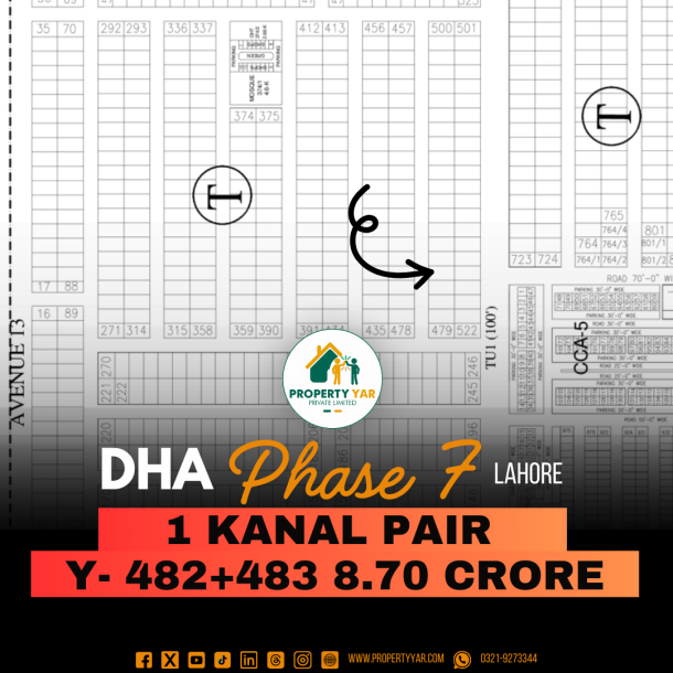 Prime Location 1 Kanal Pair Plots (T482+483) Demand 8.70 Crore Near To Mosque And Commercial Area On 50 Feet Road Available For Sale In DHA Lahore Phase 7 Sector T-1