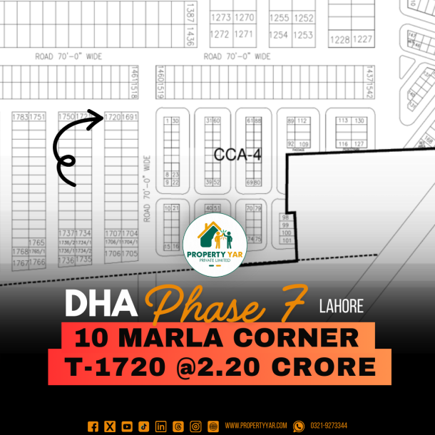 Corner 10 Marla Plot (T-1720) Demand 2.20 Crore Near TO Park And Commercial Area On 60 Feet Wide Road Available For Sale In DHA Lahore Phase 7 Block T-1