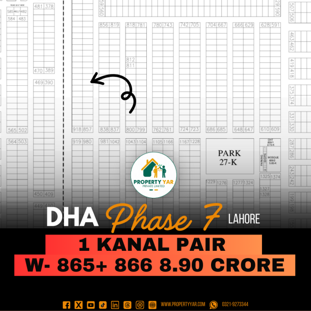 Best Price 1 Kanal Pair Plots (W -865+866) Demand 8.90 Crore On 50 Feet Wide Road Near To Park Available For Sale In DHA Lahore Phase 7 Block W-1