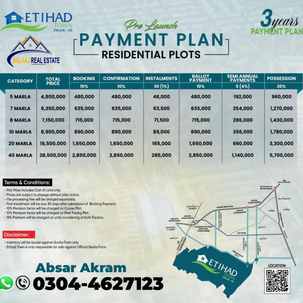 Best Price 8 Marla Plot On Installment Plan Available for Sale In Etihad Town Phase 3-1