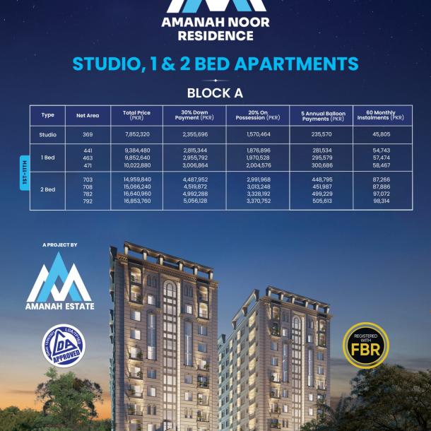 Studio Apartment for Sale in Amanah Noor Residence Lahore-8