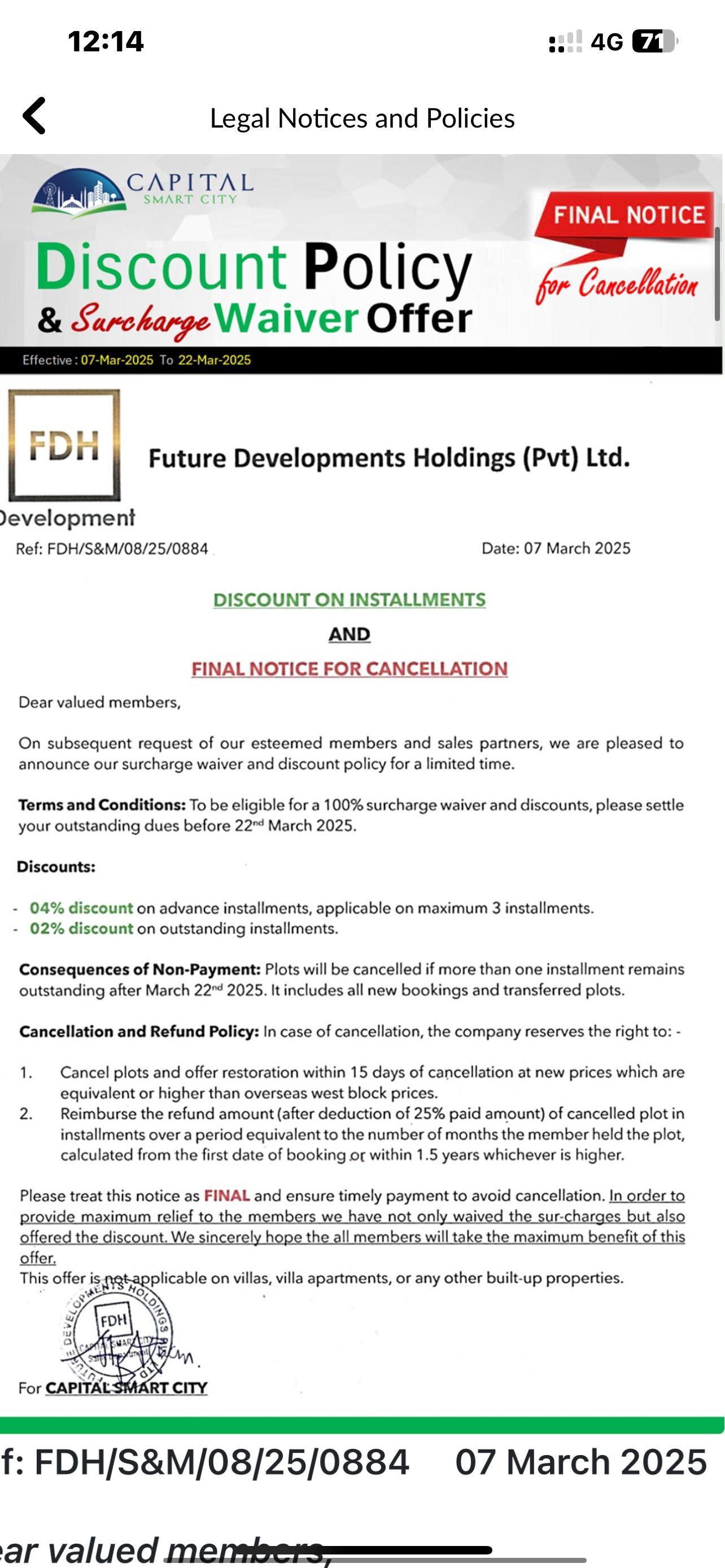 lahore smart city file cancellation policy and discount on installments